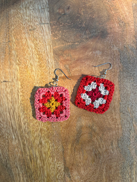 Granny Square Crochet Earrings - Red and Pink