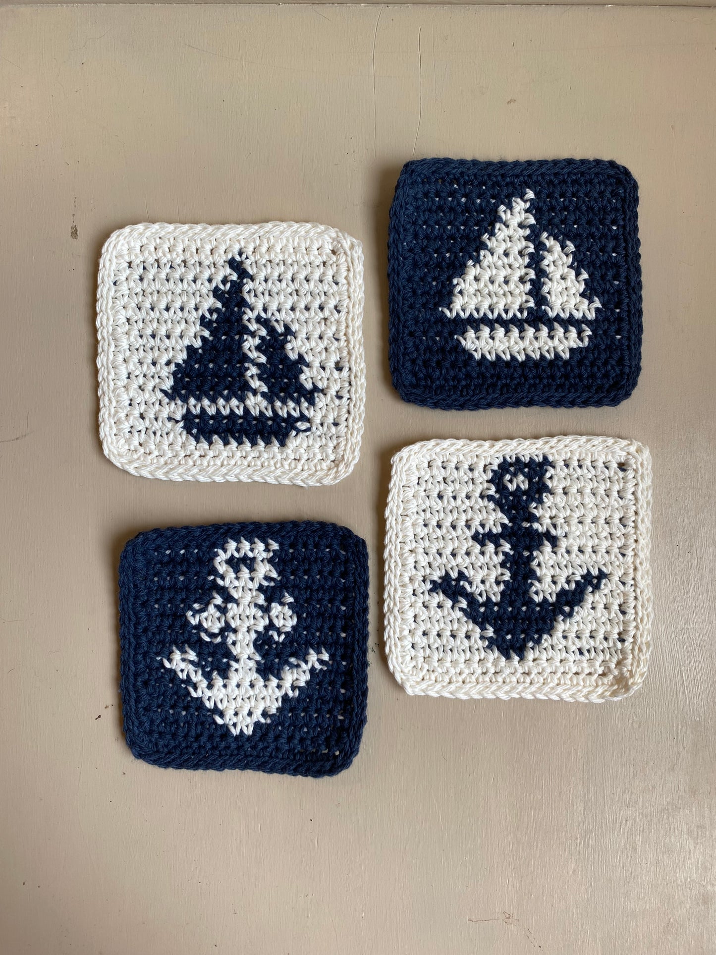 Nautical Crochet Coasters - Navy Blue & Cream