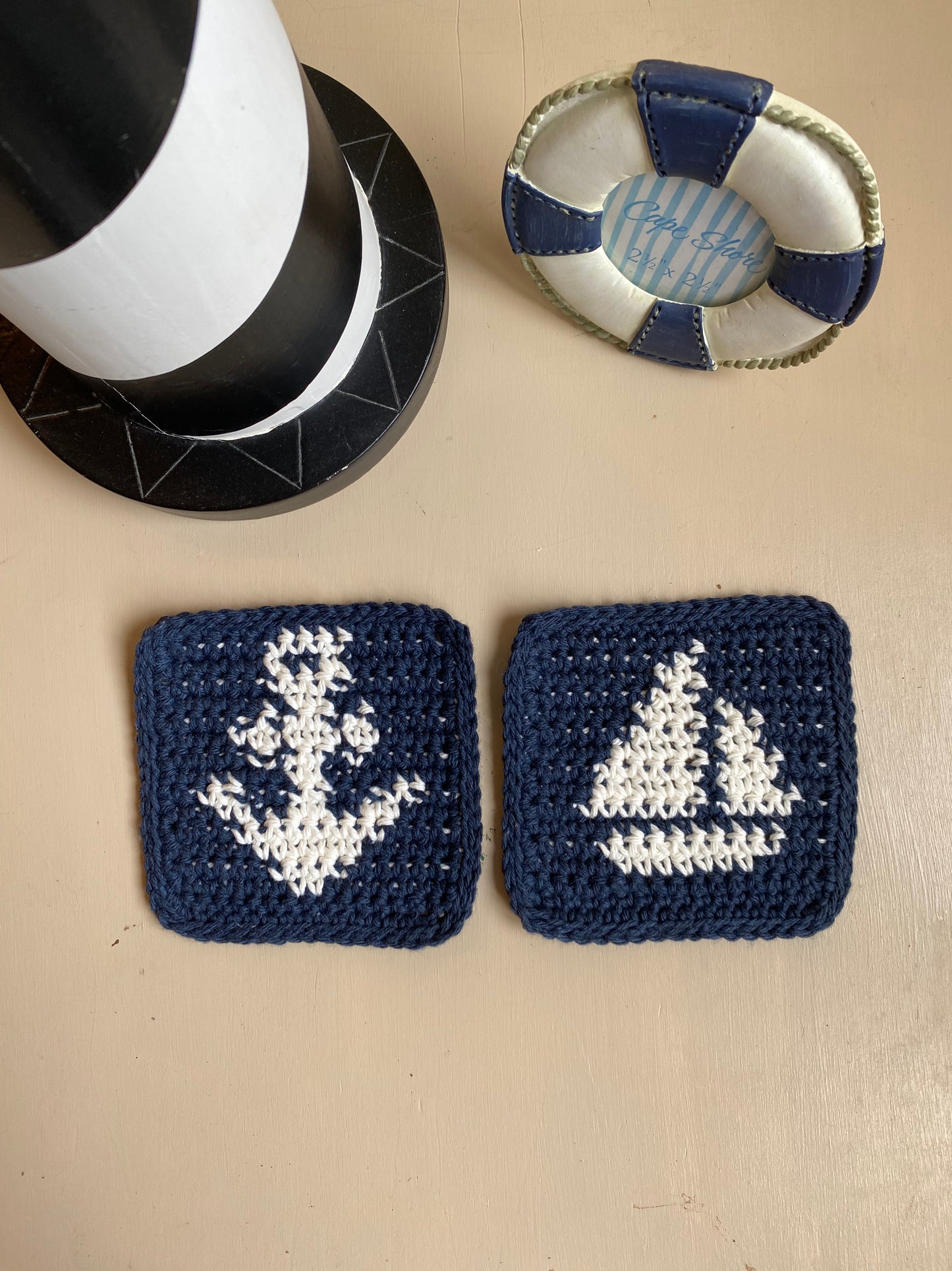 Nautical Crochet Coasters - Navy Blue & Cream