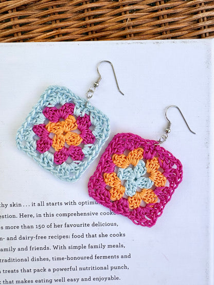 Granny Square Crochet Earrings - Berry Breeze