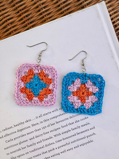 Granny Square Crochet Earrings - Cotton Candy Sky