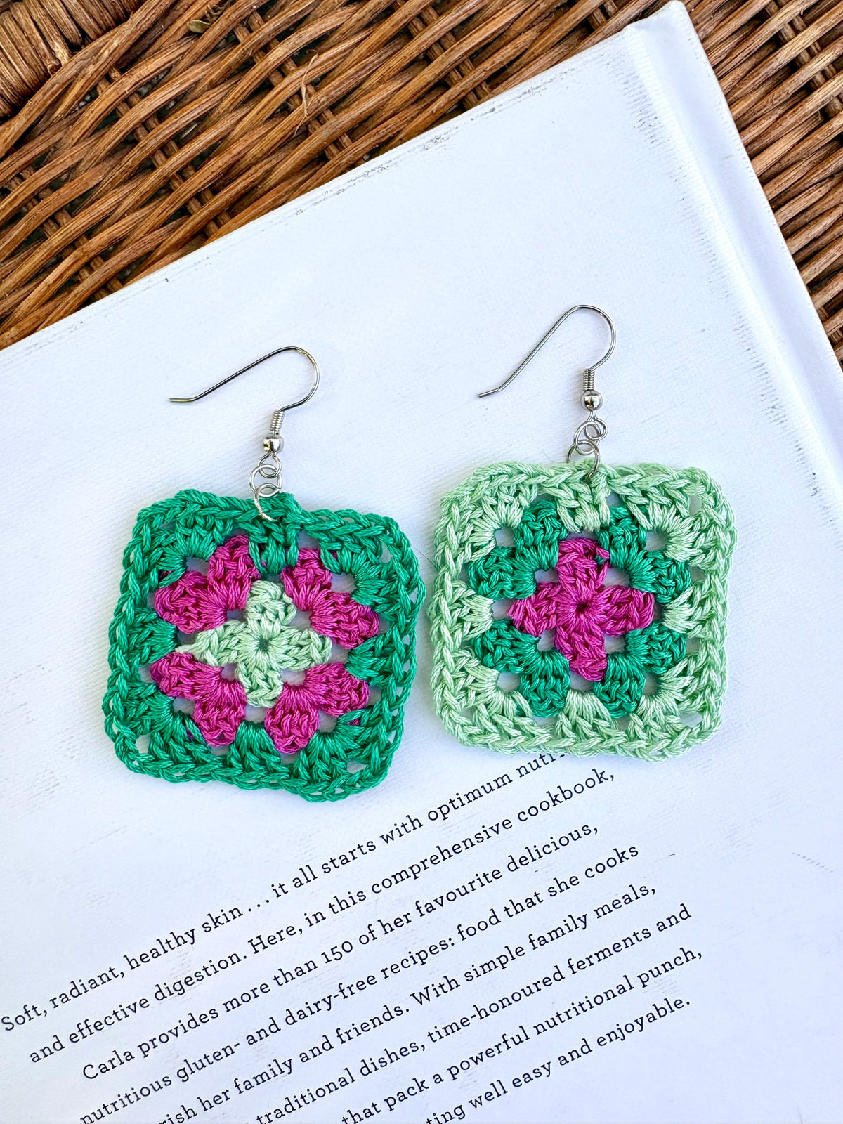 Granny Square Crochet Earrings - Green Goddess
