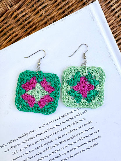 Granny Square Crochet Earrings - Green Goddess