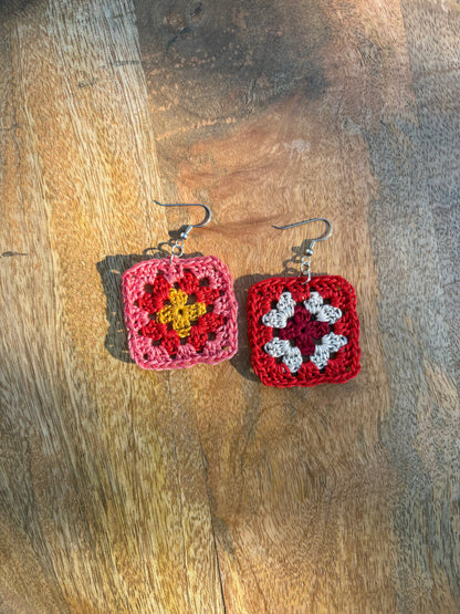 Granny Square Crochet Earrings - Red and Pink