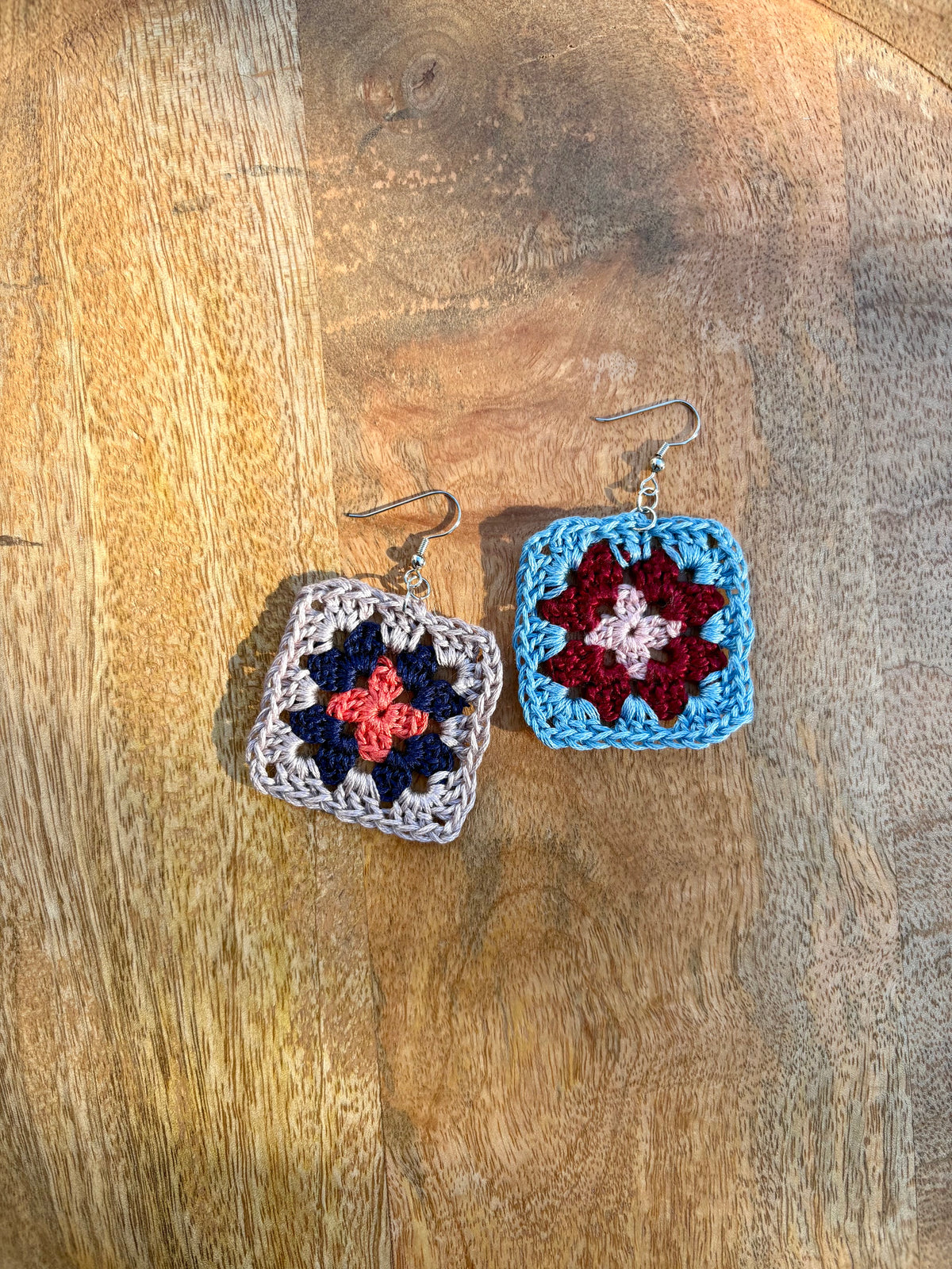 Granny Square Crochet Earrings - Blues & Maroon