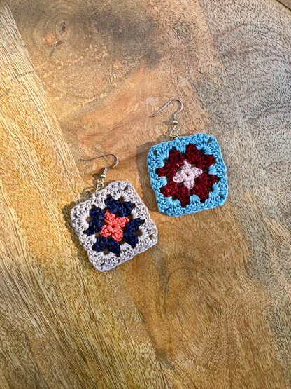 Granny Square Crochet Earrings - Blues & Maroon