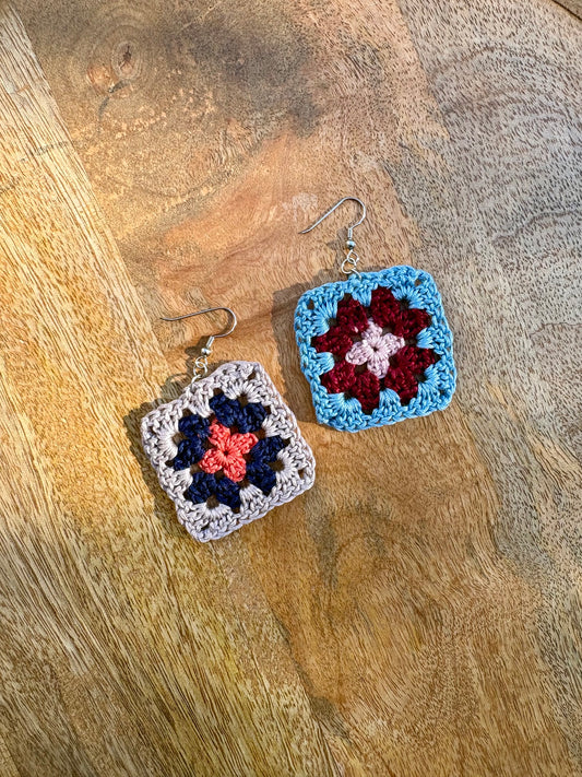 Granny Square Crochet Earrings - Blues & Maroon