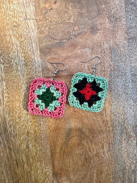 Granny Square Crochet Earrings - Sage, Black, Pink
