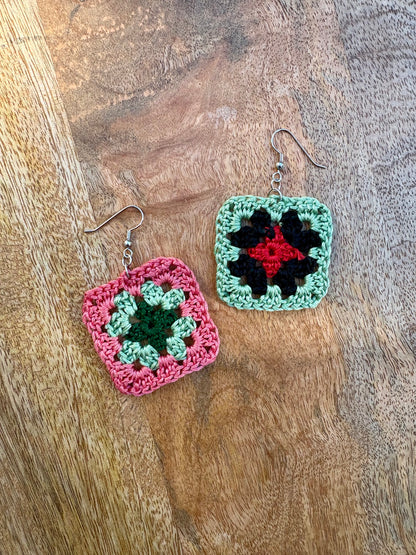 Granny Square Crochet Earrings - Sage, Black, Pink