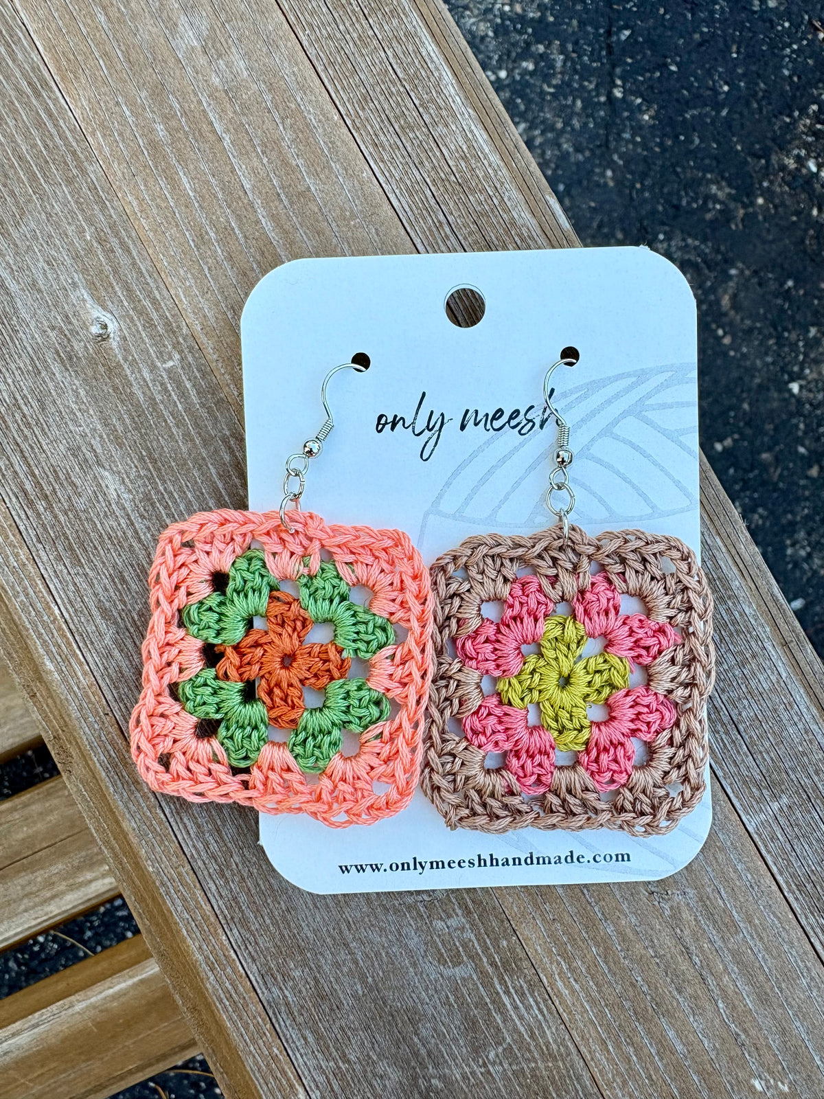 Granny Square Crochet Earrings - Orange, Green & Tan