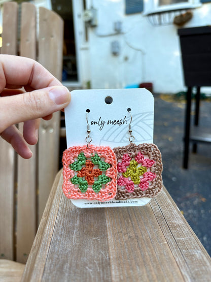 Granny Square Crochet Earrings - Orange, Green & Tan