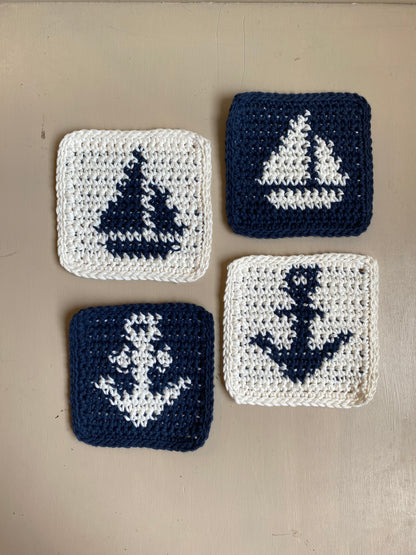 Nautical Crochet Coasters - Navy Blue & Cream