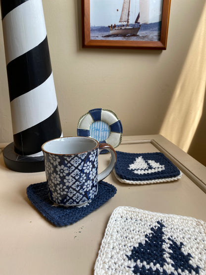 Nautical Crochet Coasters - Navy Blue & Cream