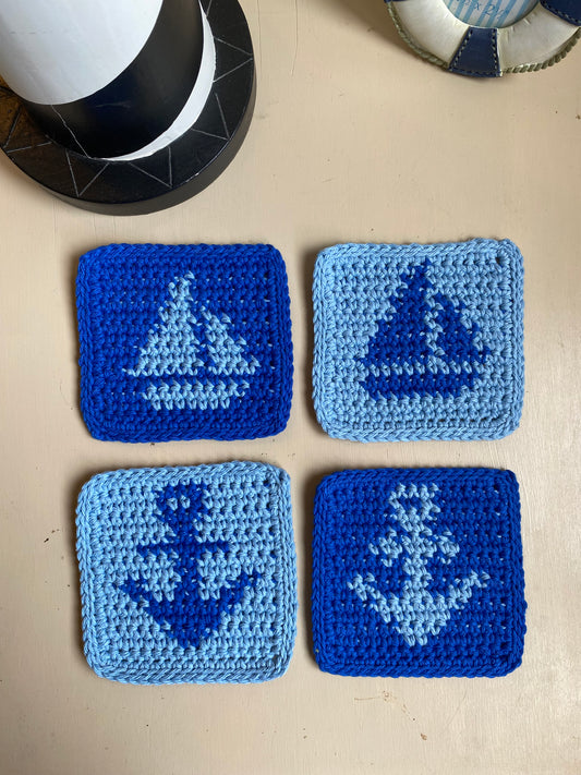 Nautical Crochet Coasters - Royal & Chambray Blue