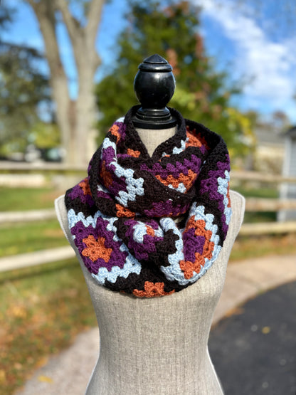 Granny Double Wrap Cowl - Abergine, Rust + Quiet Blue