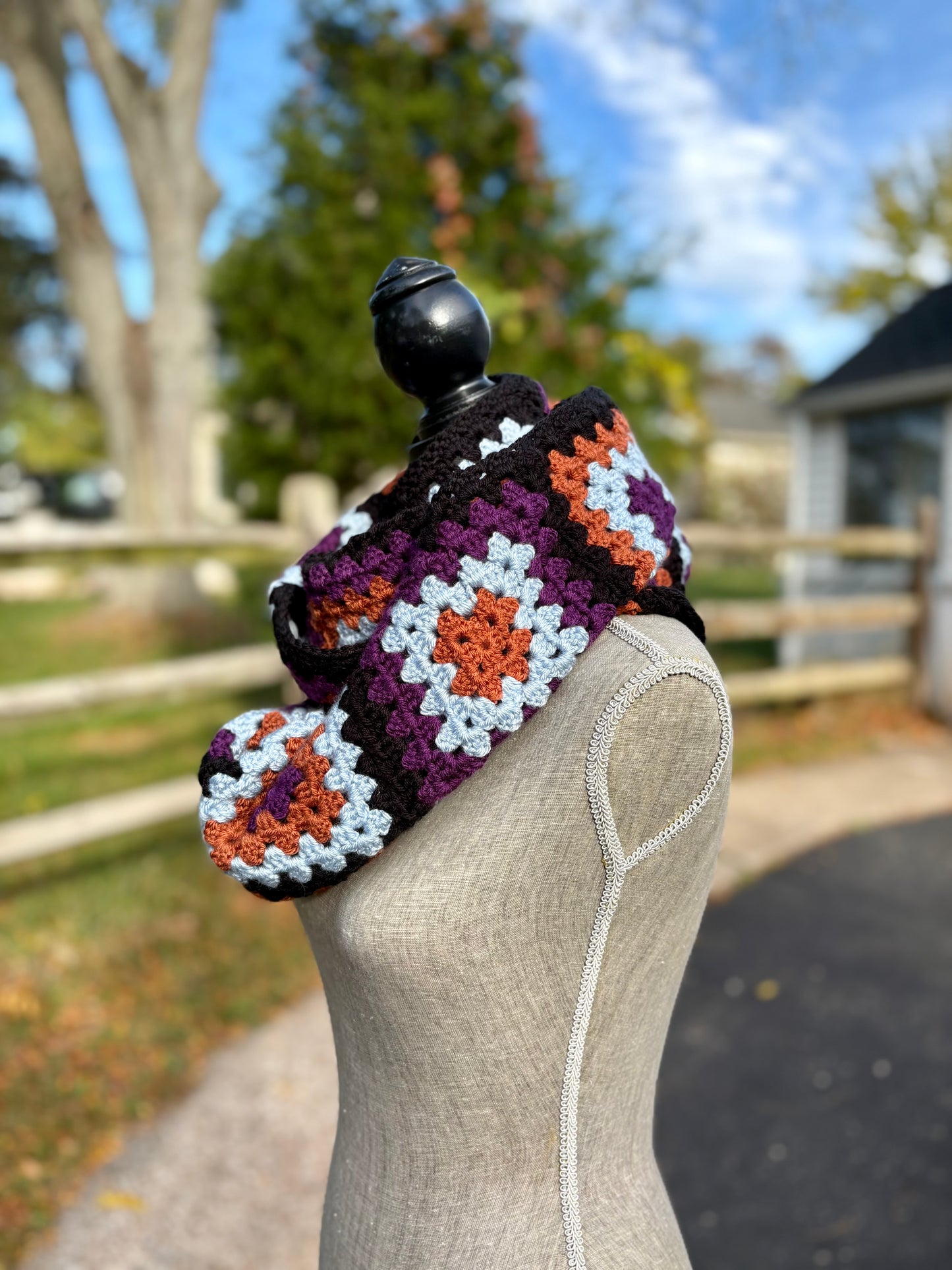 Granny Double Wrap Cowl - Abergine, Rust + Quiet Blue