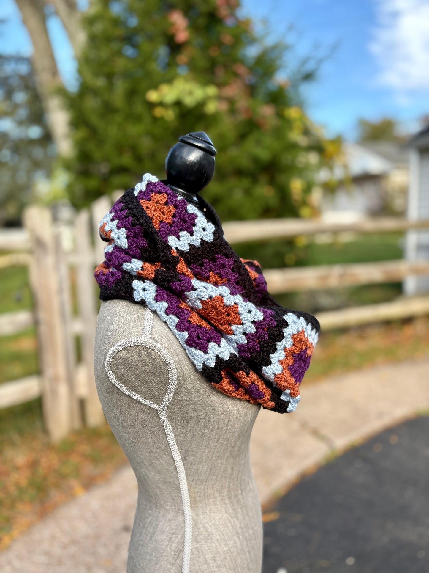 Granny Double Wrap Cowl - Abergine, Rust + Quiet Blue