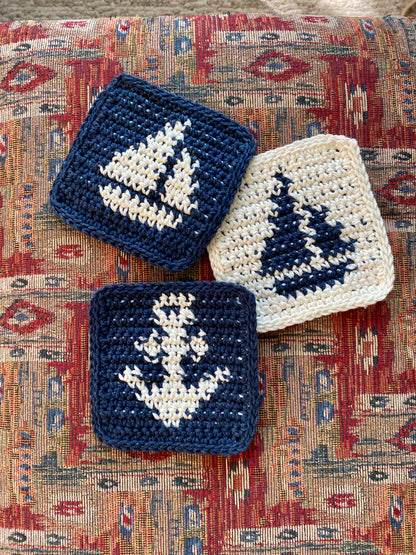 Nautical Crochet Coasters - Navy Blue & Cream