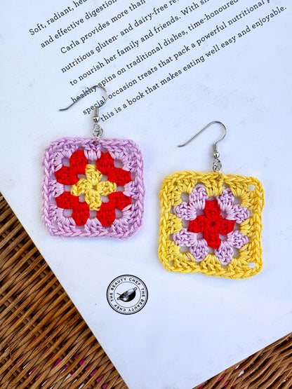Granny Square Crochet Earrings - Lemon Bloom