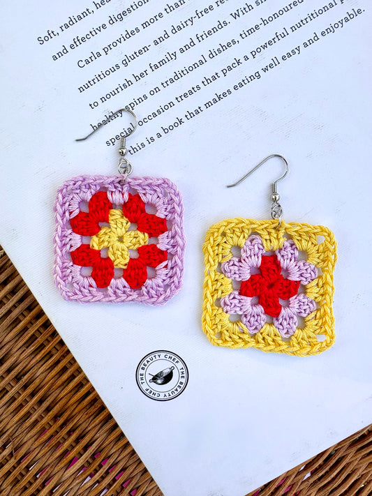Granny Square Crochet Earrings - Lemon Bloom
