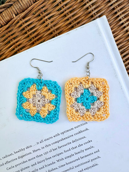 Granny Square Crochet Earrings - Sea Glass Glow