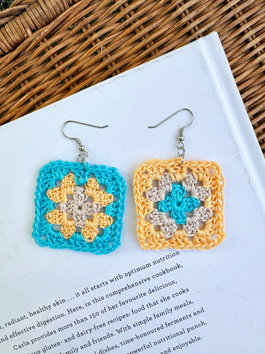 Granny Square Crochet Earrings - Sea Glass Glow