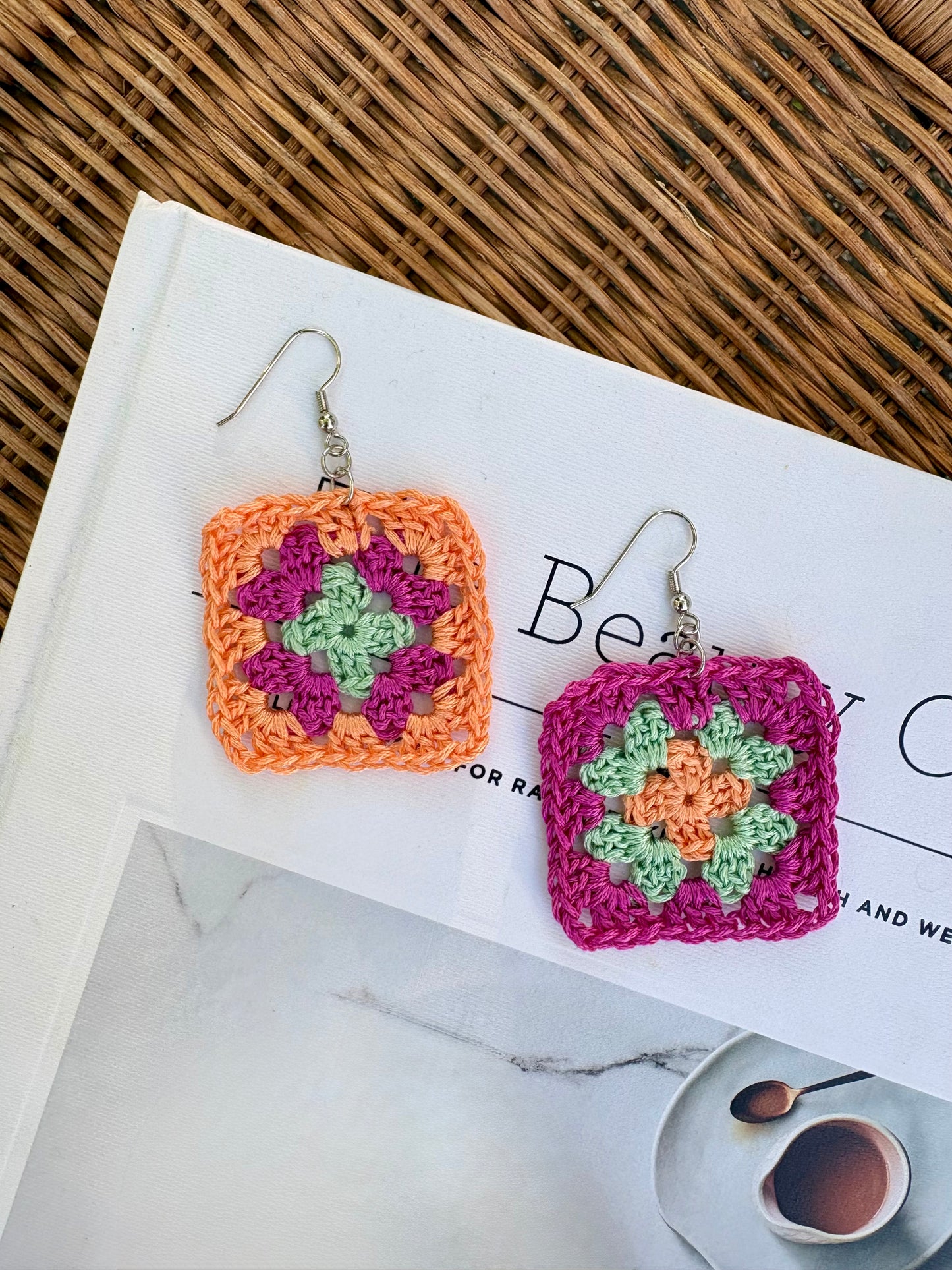 Granny Square Crochet Earrings - Sunset Sorbet
