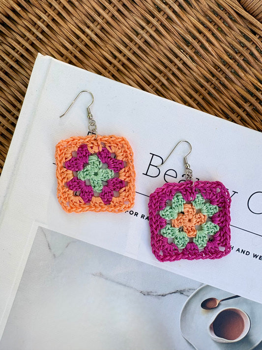 Granny Square Crochet Earrings - Sunset Sorbet