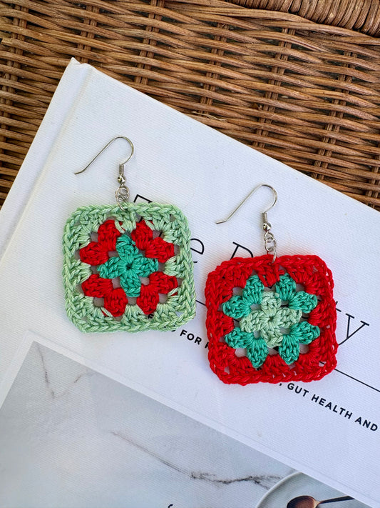 Granny Square Crochet Earrings - Watermelon Pop