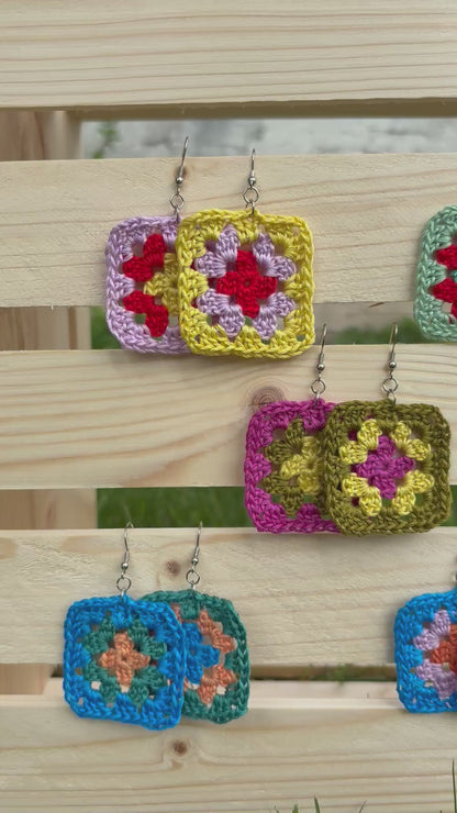Granny Square Crochet Earrings - Tropical Tide