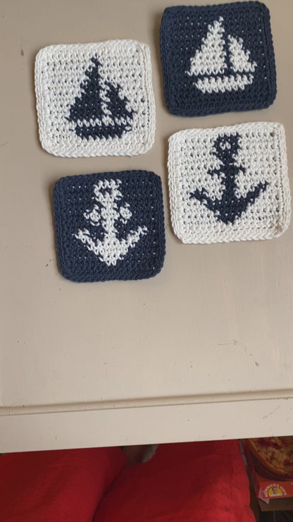Nautical Crochet Coasters - Navy Blue & Cream