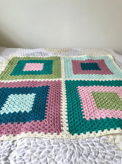 Granny Square Crochet Baby Blanket in Pinks, Greens, Teal