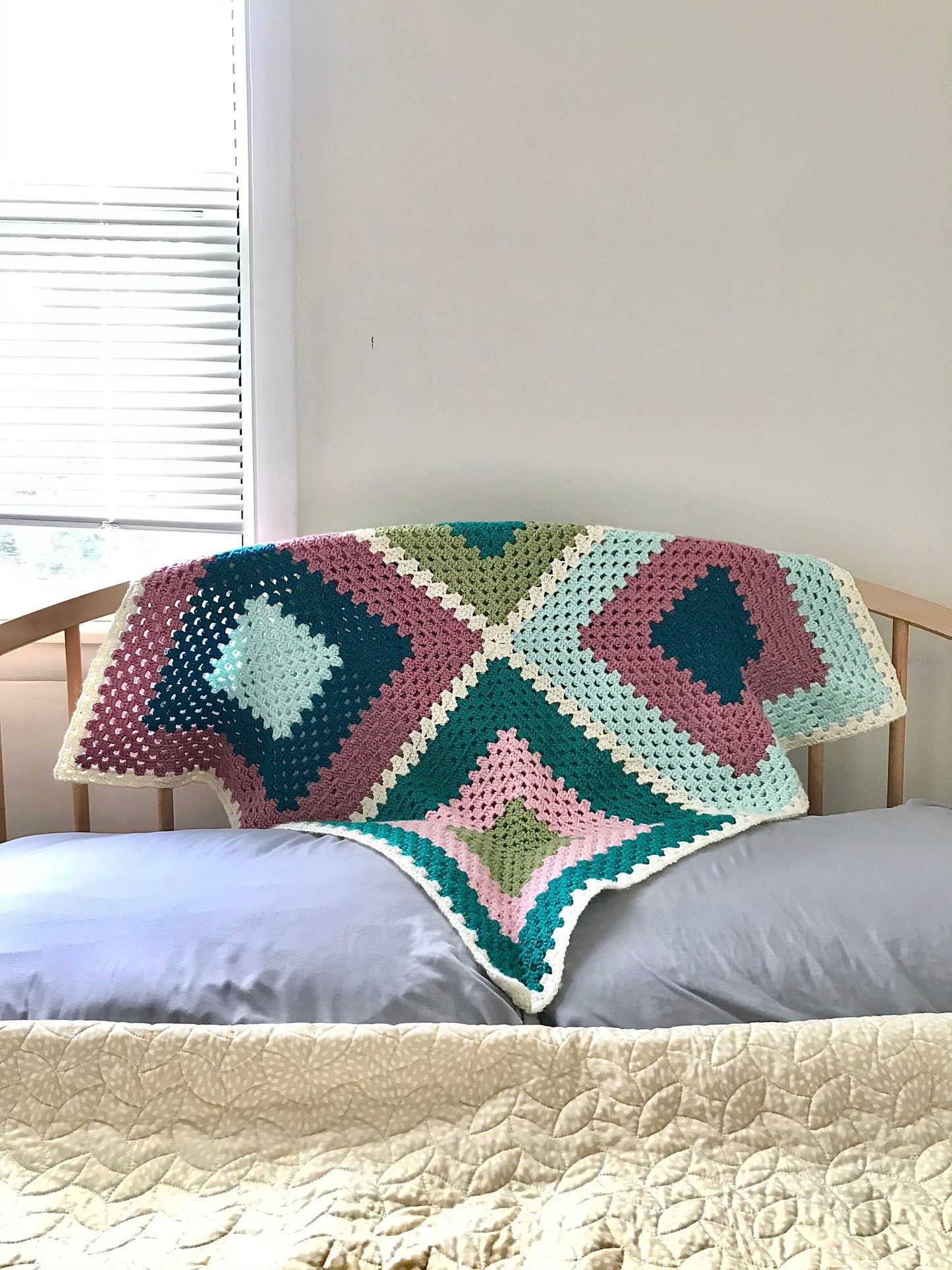 Granny Square Crochet Baby Blanket in Pinks, Greens, Teal